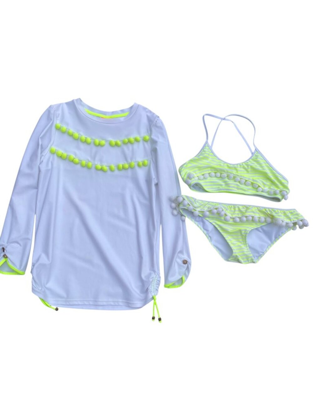 Sunuva Kids 3-Piece Swim Set Neon Lime Stripe Pom Pom Bikini & Rash Guard-13/14y